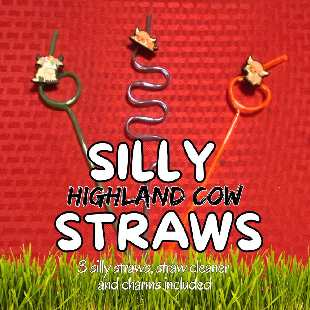 Silly Highland Cow Straw Bundle of 3 - GREEN, PURPLE & ORANGE